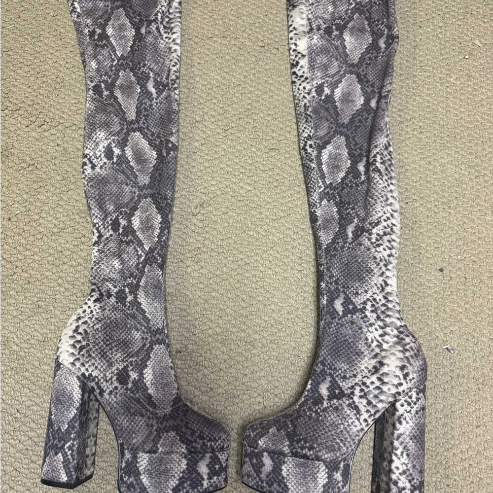 Fashion Nova Snake Print Over the Knee Boots - Gray